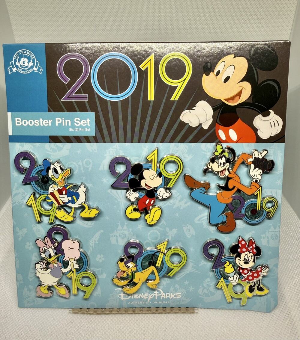 Disney Parks 2019 6-piece Booster Pin Set featuring Mickey and friends
